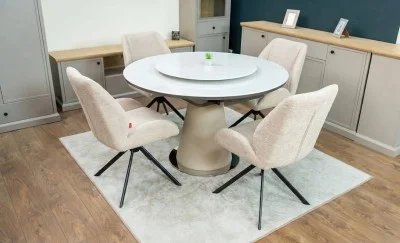 Set Masă Living Extensibilă CT163 Blat Ceramic Alb cu 4 Scaune Rotative KJC4347 Bej