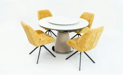 Set Masă Living Extensibilă CT163 Blat Ceramic Alb cu 4 Scaune Rotative KJC4347 Galbene