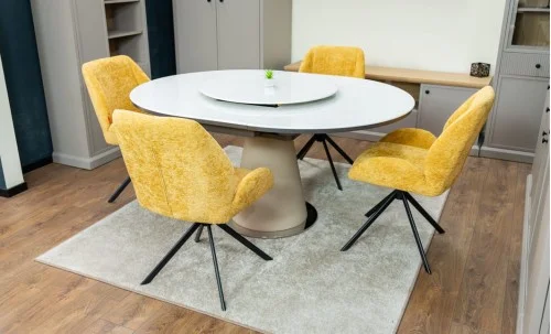 Set Masă Living Extensibilă CT163 Blat Ceramic Alb cu 4 Scaune Rotative KJC4347 Galbene