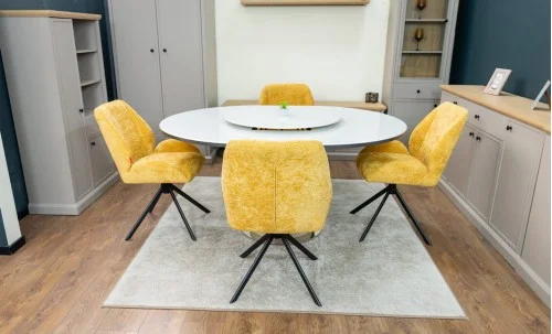 Set Masă Living Extensibilă CT163 Blat Ceramic Alb cu 4 Scaune Rotative KJC4347 Galbene