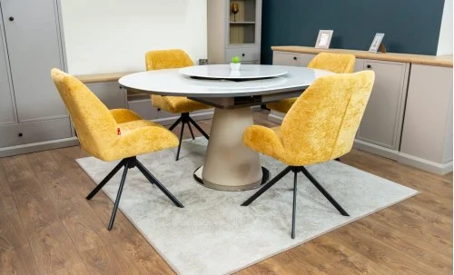 Set Masă Living Extensibilă CT163 Blat Ceramic Alb cu 4 Scaune Rotative KJC4347 Galbene