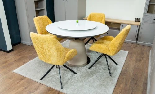 Set Masă Living Extensibilă CT163 Blat Ceramic Alb cu 4 Scaune Rotative KJC4347 Galbene