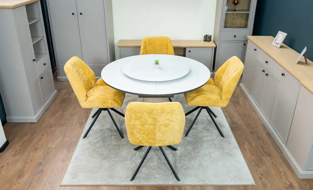 Set Masă Living Extensibilă CT163 Blat Ceramic Alb cu 4 Scaune Rotative KJC4347 Galbene 4