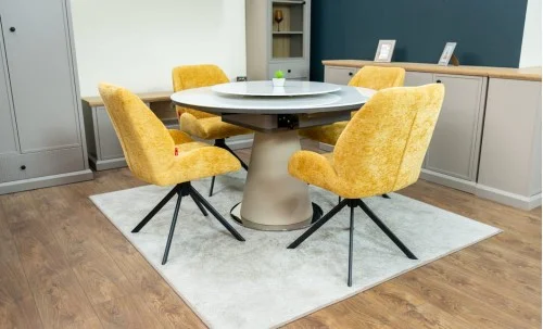 Set Masă Living Extensibilă CT163 Blat Ceramic Alb cu 4 Scaune Rotative KJC4347 Galbene
