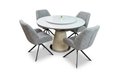 Set Masă Living Extensibilă CT163 Blat Ceramic Alb cu 4 Scaune Rotative KJC4347 Gri