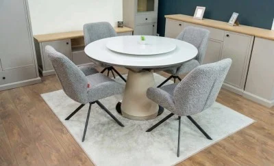 Set Masă Living Extensibilă CT163 Blat Ceramic Alb cu 4 Scaune Rotative KJC4347 Gri