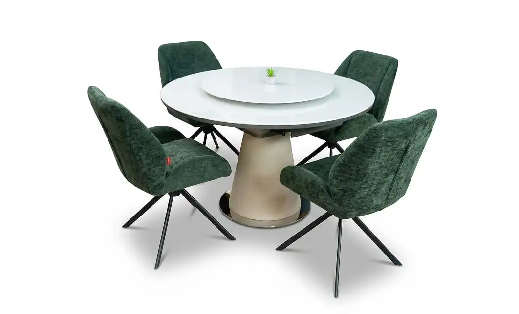 Set Masă Living Extensibilă CT163 Blat Ceramic Alb cu 4 Scaune Rotative KJC4347 Verzi 1