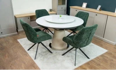 Set Masă Living Extensibilă CT163 Blat Ceramic Alb cu 4 Scaune Rotative KJC4347 Verzi