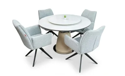 Set Masă Living Extensibilă CT163 Blat Ceramic Alb cu 4 Scaune Rotative KJC77 Gri Deschis