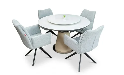 Set Masă Living Extensibilă CT163 Blat Ceramic Alb cu 4 Scaune Rotative KJC77 Gri Deschis