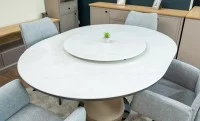 Set Masă Living Extensibilă CT163 Blat Ceramic Alb cu 4 Scaune Rotative KJC77 Gri Deschis