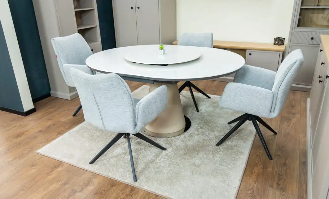 Set Masă Living Extensibilă CT163 Blat Ceramic Alb cu 4 Scaune Rotative KJC77 Gri Deschis 5