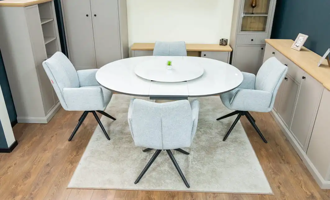 Set Masă Living Extensibilă CT163 Blat Ceramic Alb cu 4 Scaune Rotative KJC77 Gri Deschis 8