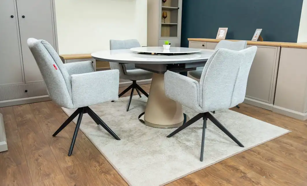 Set Masă Living Extensibilă CT163 Blat Ceramic Alb cu 4 Scaune Rotative KJC77 Gri Deschis 9