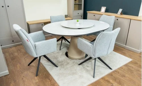 Set Masă Living Extensibilă CT163 Blat Ceramic Alb cu 4 Scaune Rotative KJC77 Gri Deschis