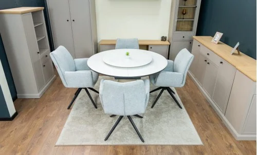 Set Masă Living Extensibilă CT163 Blat Ceramic Alb cu 4 Scaune Rotative KJC77 Gri Deschis