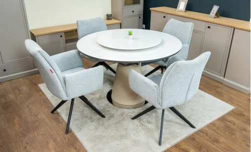 Set Masă Living Extensibilă CT163 Blat Ceramic Alb cu 4 Scaune Rotative KJC77 Gri Deschis