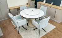 Set Masă Living Extensibilă CT163 Blat Ceramic Alb cu 4 Scaune Rotative KJC77 Gri Deschis 2