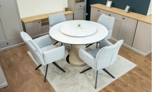 Set Masă Living Extensibilă CT163 Blat Ceramic Alb cu 4 Scaune Rotative KJC77 Gri Deschis