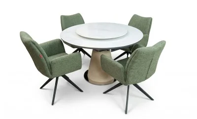Set Masă Living Extensibilă CT163 Blat Ceramic Alb cu 4 Scaune Rotative KJC77 Verzi
