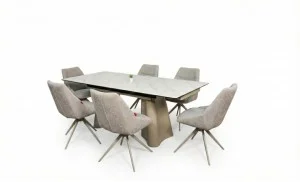 Set Masă Living Extensibilă Blat Ceramic Alb Marmura CT234 cu Set 6 Scaune DCM0108CS