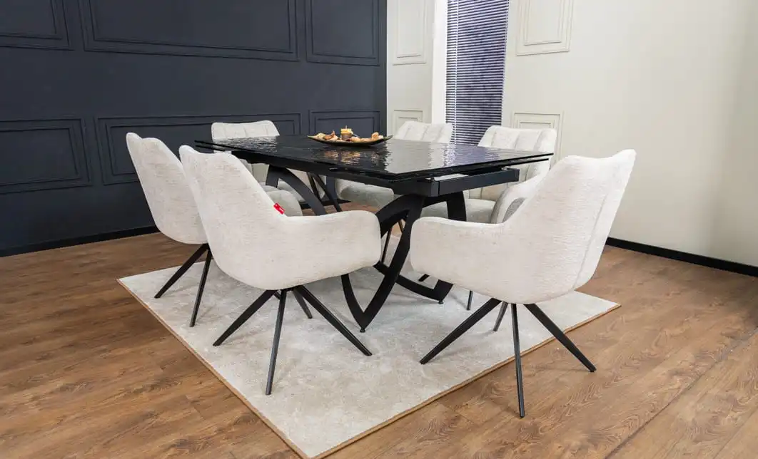 Set Masă Living Extensibilă CT241 Blat Sticlă Securizată Neagră cu 6 Scaune DCM0112AS Bej 5