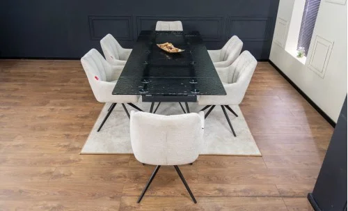 Set Masă Living Extensibilă CT241 Blat Sticlă Securizată Neagră cu 6 Scaune DCM0112AS Bej