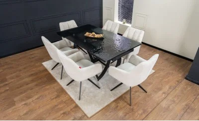 Set Masă Living Extensibilă CT241 Blat Sticlă Securizată Neagră cu 6 Scaune DCM0112AS Bej