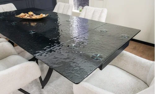 Set Masă Living Extensibilă CT241 Blat Sticlă Securizată Neagră cu 6 Scaune DCM0112AS Bej