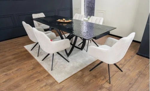 Set Masă Living Extensibilă CT241 Blat Sticlă Securizată Neagră cu 6 Scaune DCM0112AS Bej