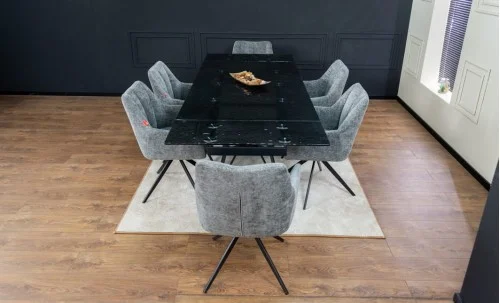 Set Masă Living Extensibilă CT241 Blat Sticlă Securizată Neagră cu 6 Scaune DCM0112AS Gri