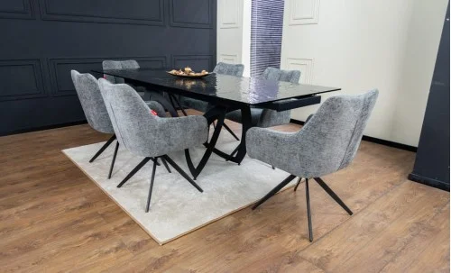 Set Masă Living Extensibilă CT241 Blat Sticlă Securizată Neagră cu 6 Scaune DCM0112AS Gri