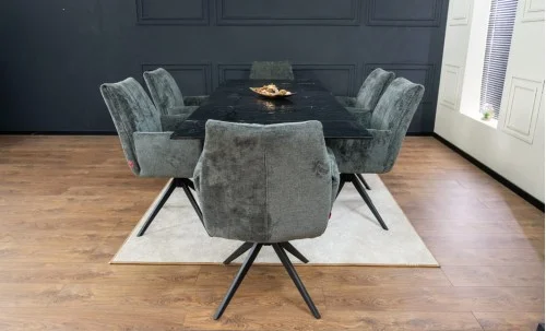 Set Masă Living Extensibilă CT241 Blat Sticlă Securizată Neagră cu 6 Scaune DCM0601AS Gri