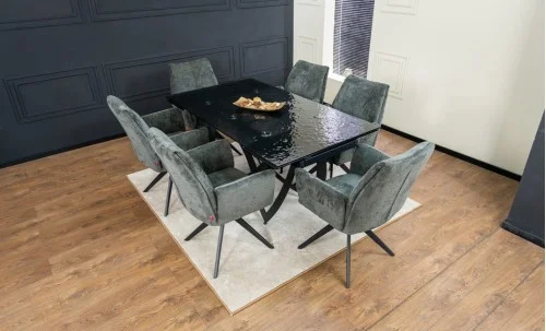 Set Masă Living Extensibilă CT241 Blat Sticlă Securizată Neagră cu 6 Scaune DCM0601AS Gri