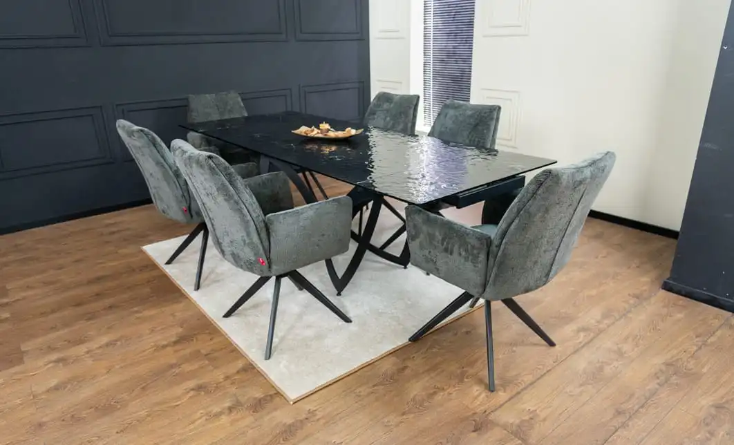 Set Masă Living Extensibilă CT241 Blat Sticlă Securizată Neagră cu 6 Scaune DCM0601AS Gri