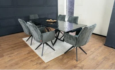 Set Masă Living Extensibilă CT241 Blat Sticlă Securizată Neagră cu 6 Scaune DCM0601AS Gri