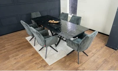 Set Masă Living Extensibilă CT241 Blat Sticlă Securizată Neagră cu 6 Scaune DCM0601AS Gri