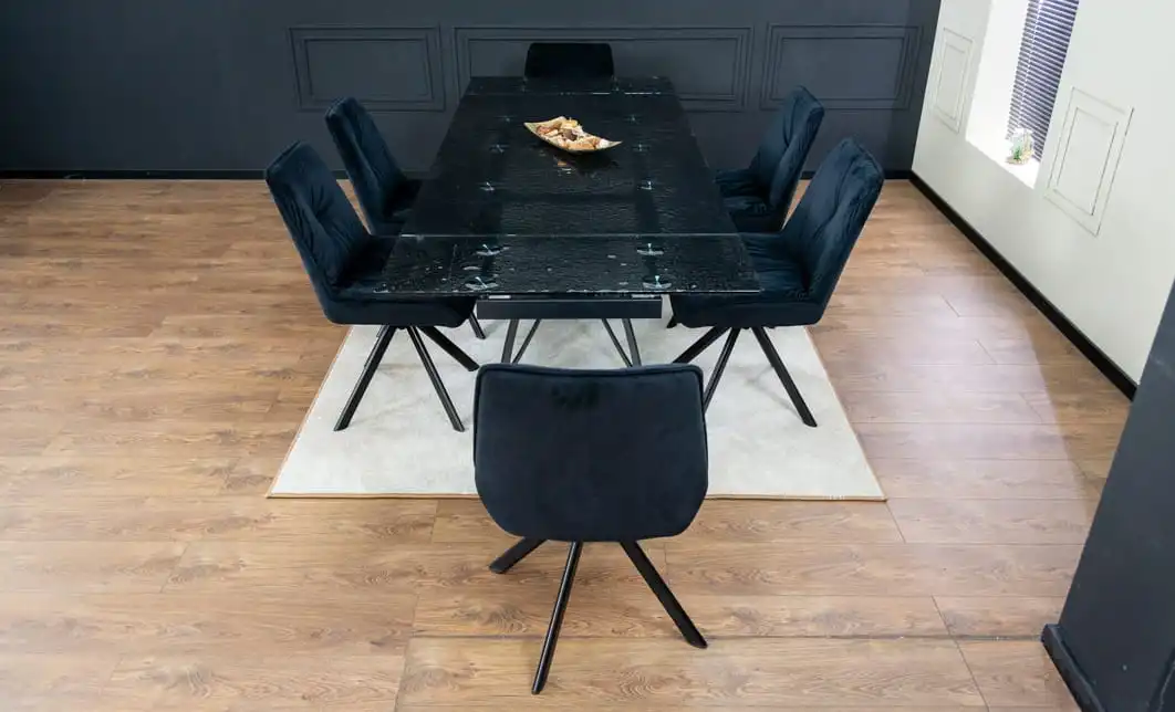 Set Masă Living Extensibilă CT241 Blat Sticlă Securizată Neagră cu 6 Scaune KJC356 Negre 6