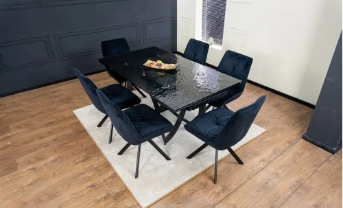 Set Masă Living Extensibilă CT241 Blat Sticlă Securizată Neagră cu 6 Scaune KJC356 Negre