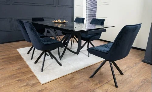 Set Masă Living Extensibilă CT241 Blat Sticlă Securizată Neagră cu 6 Scaune KJC356 Negre