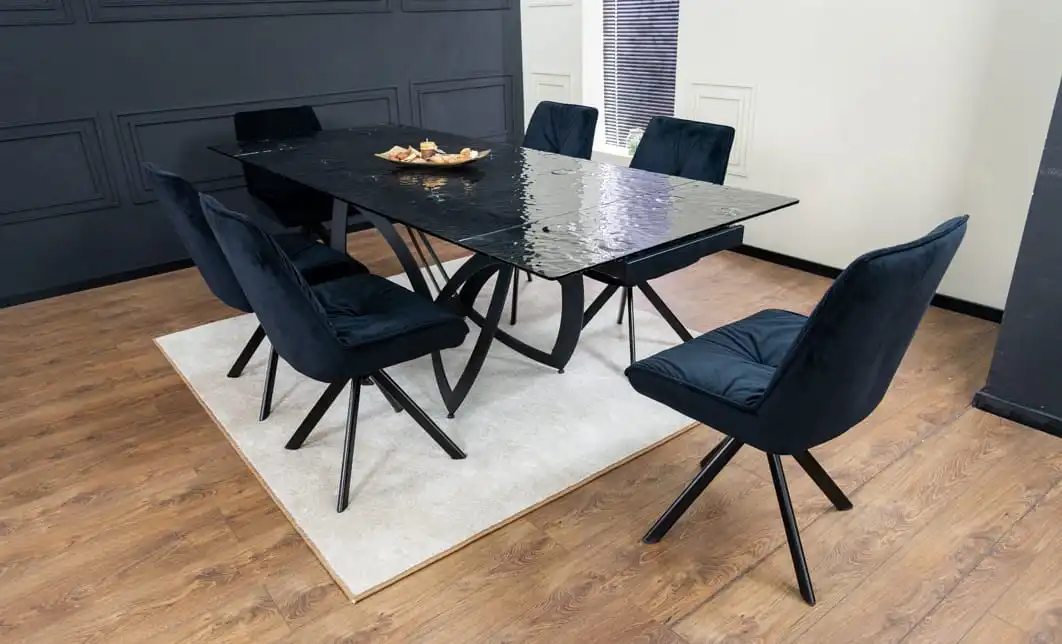 Set Masă Living Extensibilă CT241 Blat Sticlă Securizată Neagră cu 6 Scaune KJC356 Negre 3
