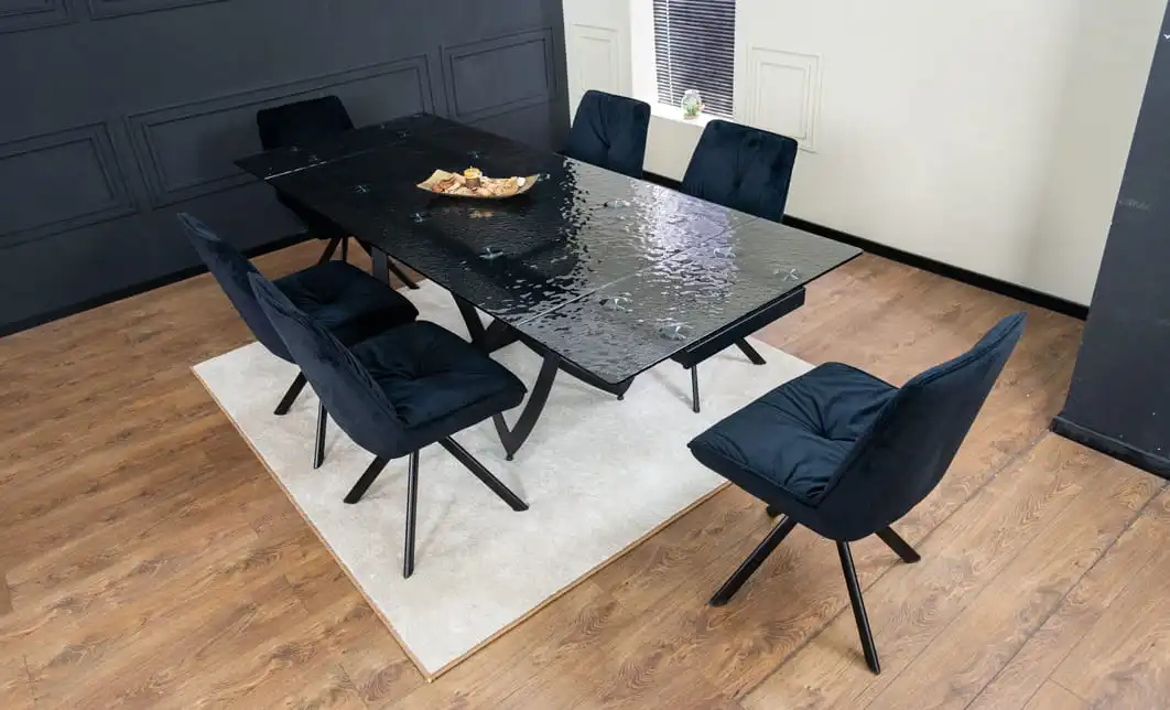 Set Masă Living Extensibilă CT241 Blat Sticlă Securizată Neagră cu 6 Scaune KJC356 Negre 4