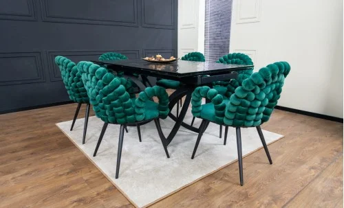 Set Masă Living Extensibilă CT241 Blat Sticlă Securizată Neagră cu 6 Scaune KJC376 Verzi