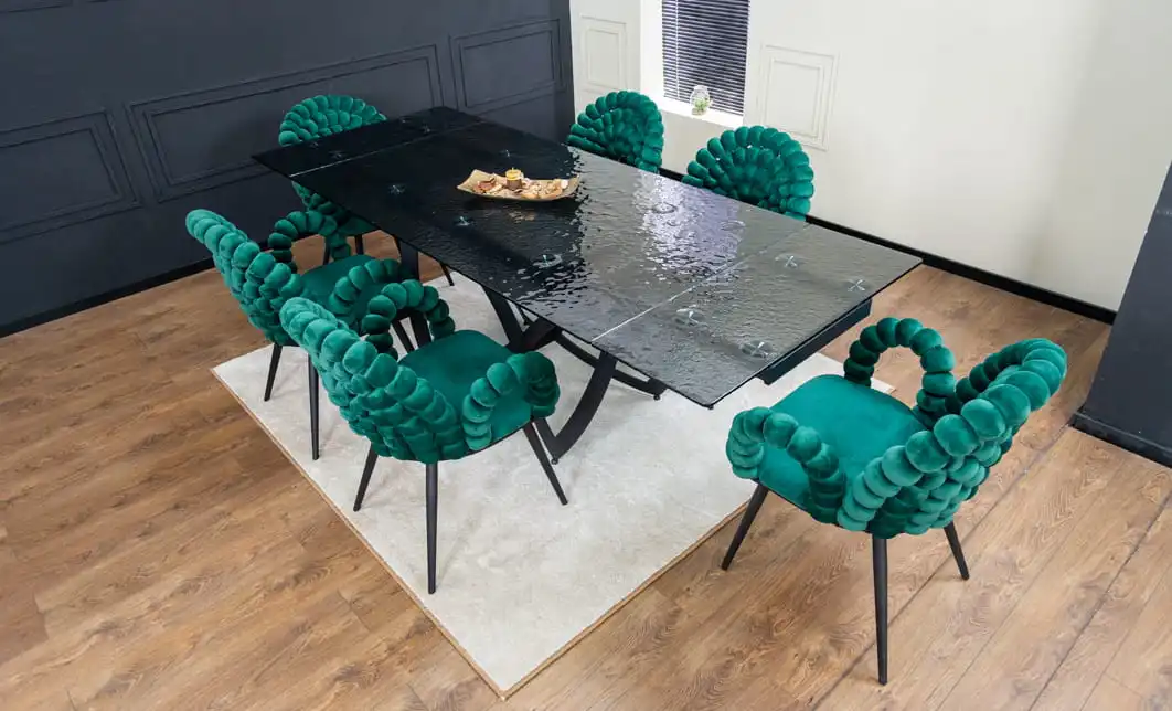 Set Masă Living Extensibilă CT241 Blat Sticlă Securizată Neagră cu 6 Scaune KJC376 Verzi 5