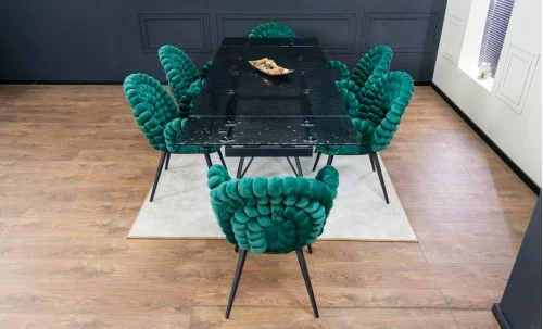 Set Masă Living Extensibilă CT241 Blat Sticlă Securizată Neagră cu 6 Scaune KJC376 Verzi