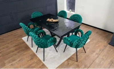 Set Masă Living Extensibilă CT241 Blat Sticlă Securizată Neagră cu 6 Scaune KJC376 Verzi