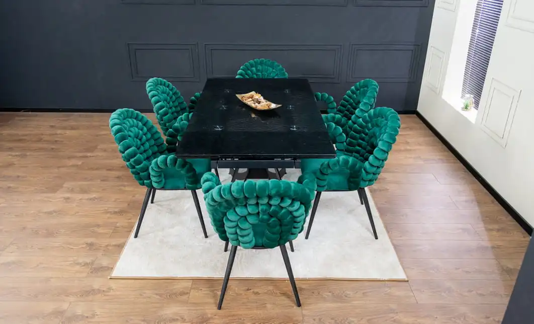 Set Masă Living Extensibilă CT241 Blat Sticlă Securizată Neagră cu 6 Scaune KJC376 Verzi 9