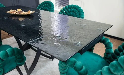 Set Masă Living Extensibilă CT241 Blat Sticlă Securizată Neagră cu 6 Scaune KJC376 Verzi
