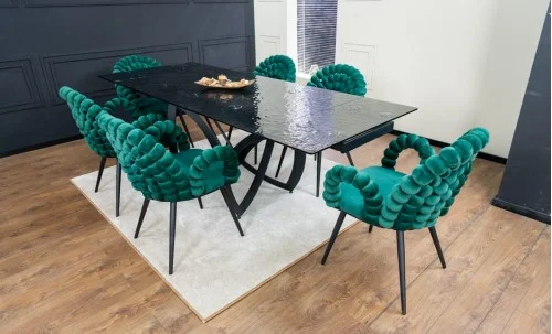 Set Masă Living Extensibilă CT241 Blat Sticlă Securizată Neagră cu 6 Scaune KJC376 Verzi