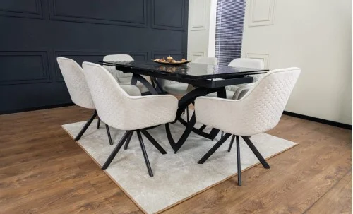 Set Masă Living Extensibilă CT241 Blat Sticlă Securizată Neagră cu 6 Scaune KJC3846 Bej